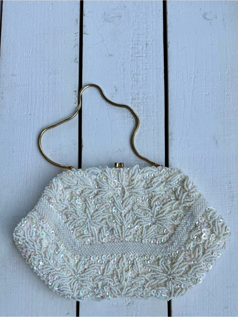 Vintage 1950-60’s Ivory Hand-Beaded Evening Clutch with Chain Strap